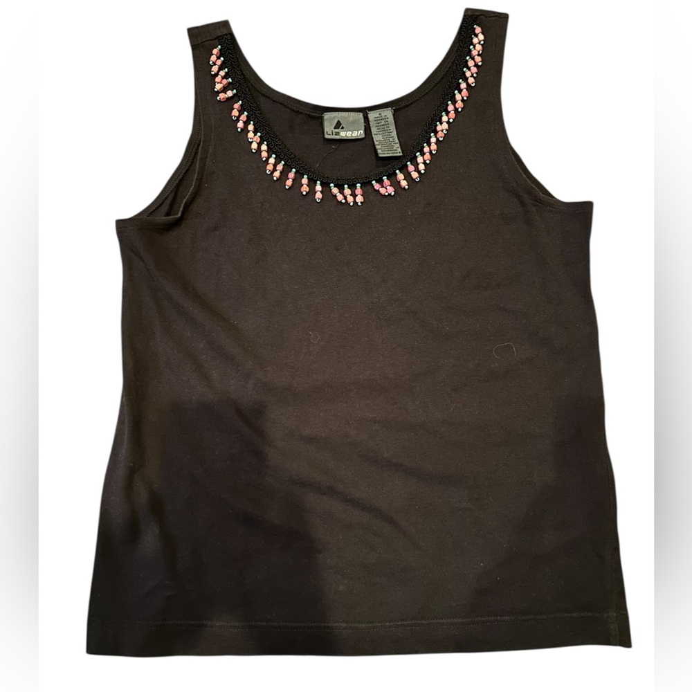 Vintage 90s Lizwear Black Beaded Women's Tank Top Southwestern Cotton
